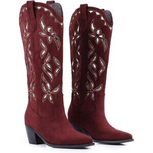 Women Wine Red Floral Faux Leather Western Cowboy Boots Chunky Heel Comfortable